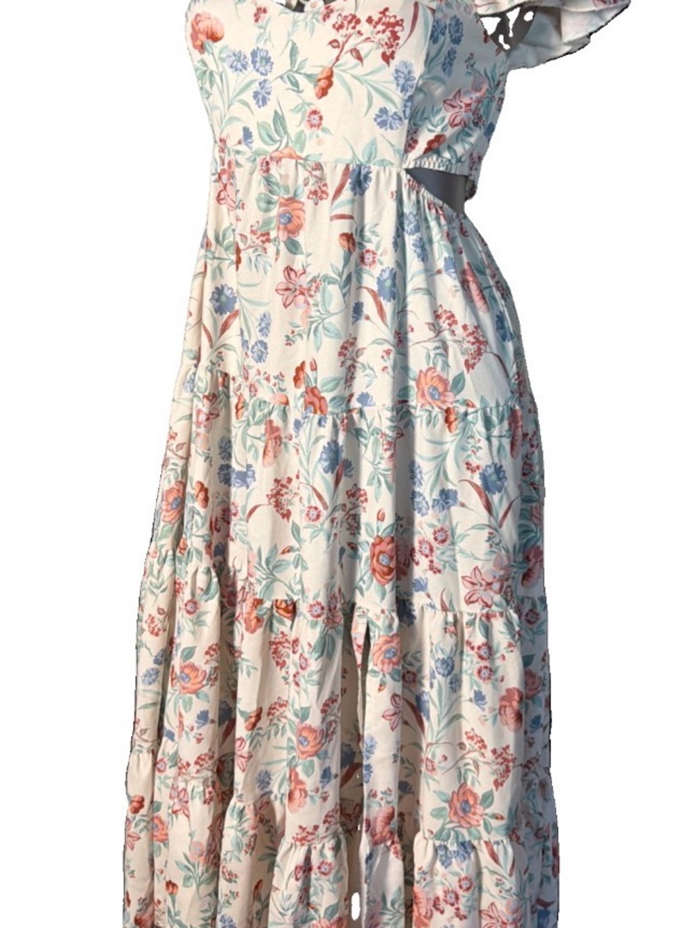 Originality Floral Tiered Maxi Dress in Cream with Pink & Blue Blossoms size S